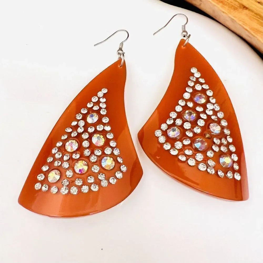 Huge Vintage Lucite Earrings Amber Tone AB Aurora Borealis Rhinestone  1414